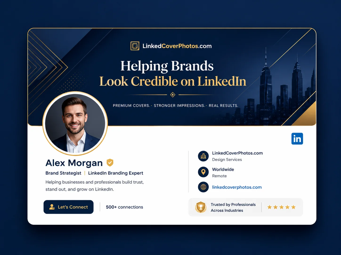 Professional LinkedIn profile cover photo mockup showing a dark blue and gold branded banner for LinkedCoverPhotos.com
